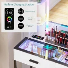 HNEBC RGB Vanity Desk, Makeup Vanity With Dazzling Lights And Mirror, Glass Top Makeup Desk With USB/Type-C/Wireless Charging, Dressing Table Set With Stool/6 Drawers, Vanity Gifts For Girls/Women - 白色 - 查看 5