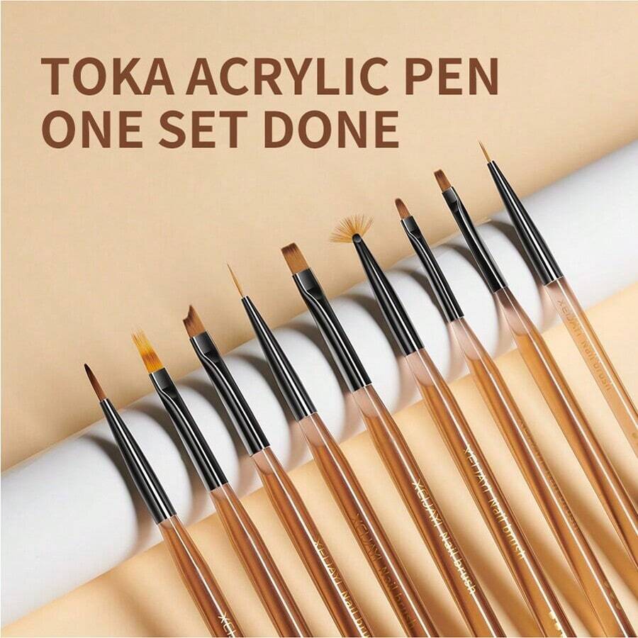 9入組美甲刷啞光啞面針筆燙金化學纖維uv凝膠刷指甲油繪畫眉筆 - 咖啡棕 - 查看 1