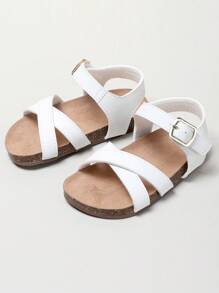 1 双百搭儿童/青少年 PU 皮革罗马凉鞋，带后绑带，柔软透气舒适防滑轻便凉鞋，带扣紧固件，夏季 - 白色 - 查看 4