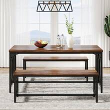 Tribesigns 55-Inch Large Dining Table Set For 4 To 6, Kitchen Breakfast Table With 2 Benches, Rectangular 3-Piece Wood Industrial Bar Table Furniture For Dining Room, Home Decor Furniture - Nâu và đen mộc mạc - Xem 4