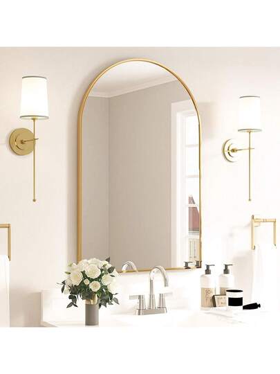 CASSIL Curved Wand Mirror, 50 75 Cm Zwart Bathroom Large Make Up Spiegel Metal Frame, Entrance, Fireplace Bedroom (Black, Gold) view 5