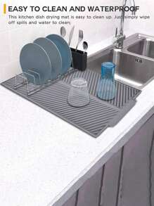 Silicone Dish Drying Mat, Multi-Function Drain Rack Holder For Kitchen Utensils, Cups, Water Tap, Soap Sponge - Grey - View 2