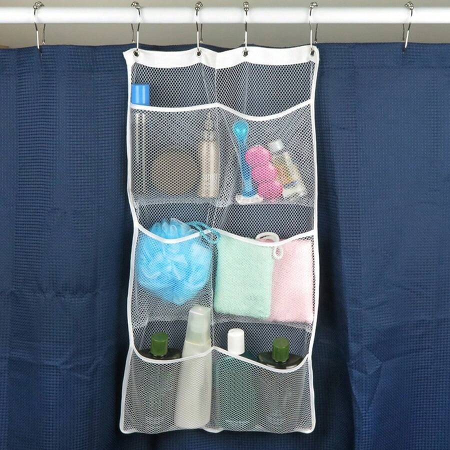 Mesh Shower Organiser, Shower Hanging Organizer For Bathroom With 6 Pockets Quick Dry Bath Room Curtains Organizer Machine Washable Shower Caddy Organizer With 4 Metal Buckles