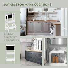 HOMCOM 2 In 1 Kids Kitchen Step Stool With Rail Toddler Steps With Chalkboard For Kitchen Bathroom, White - White - View 8