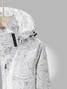 Women's Tropical Plant Print Hooded Outdoor Sports Jacket, Windbreaker Workout Jacket White Spring - White - View 4