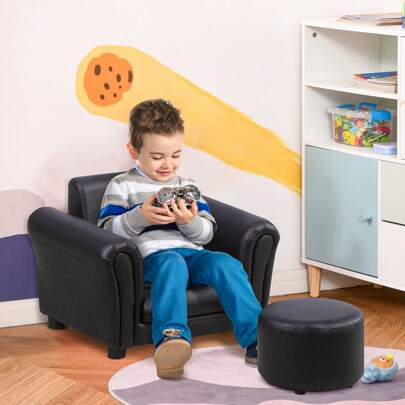 HOMCOM Toddler Armchair Single Seater Kids Chair Set, Childrens Armrest W/ Footstool
