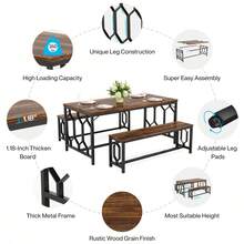 Tribesigns 55-Inch Large Dining Table Set For 4 To 6, Kitchen Breakfast Table With 2 Benches, Rectangular 3-Piece Wood Industrial Bar Table Furniture For Dining Room, Home Decor Furniture - Nâu và đen mộc mạc - Xem 6