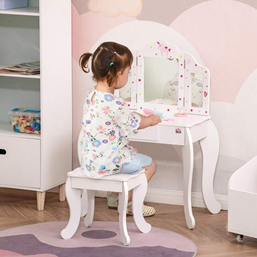 HOMCOM Kids Vanity Table & Stool Girls Dressing Set Make Up Desk Chair Dresser Play Set With Rotatable Mirrors Drawer Star & Heart Pattern White