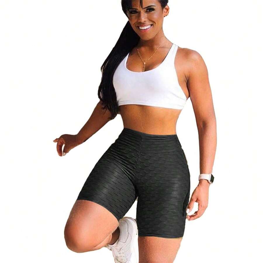 Short Licra Deportiva Levanta Pompa Anticelulitis Playa Gym,Pantalones cortos de entrenamiento para mujer,Pantalones cortos sexy para mujer, con levantamiento de glúteos,  pantalones cortos de entrenamiento de cintura alta, con textura, pantalones calientes - Negro - Ver 1