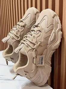 1 Par De Zapatos Elegantes Beige Gruesos Y Con Suela Gruesa Y Diseño De Costura De Coche Para Ropa Deportiva Casual Femenina