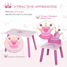 HOMCOM 3 Pcs Kids And Table Chair Set Princess & Crown Theme Home Furniture Pretty Gift 2-4 Years Pink - Pink - View 2
