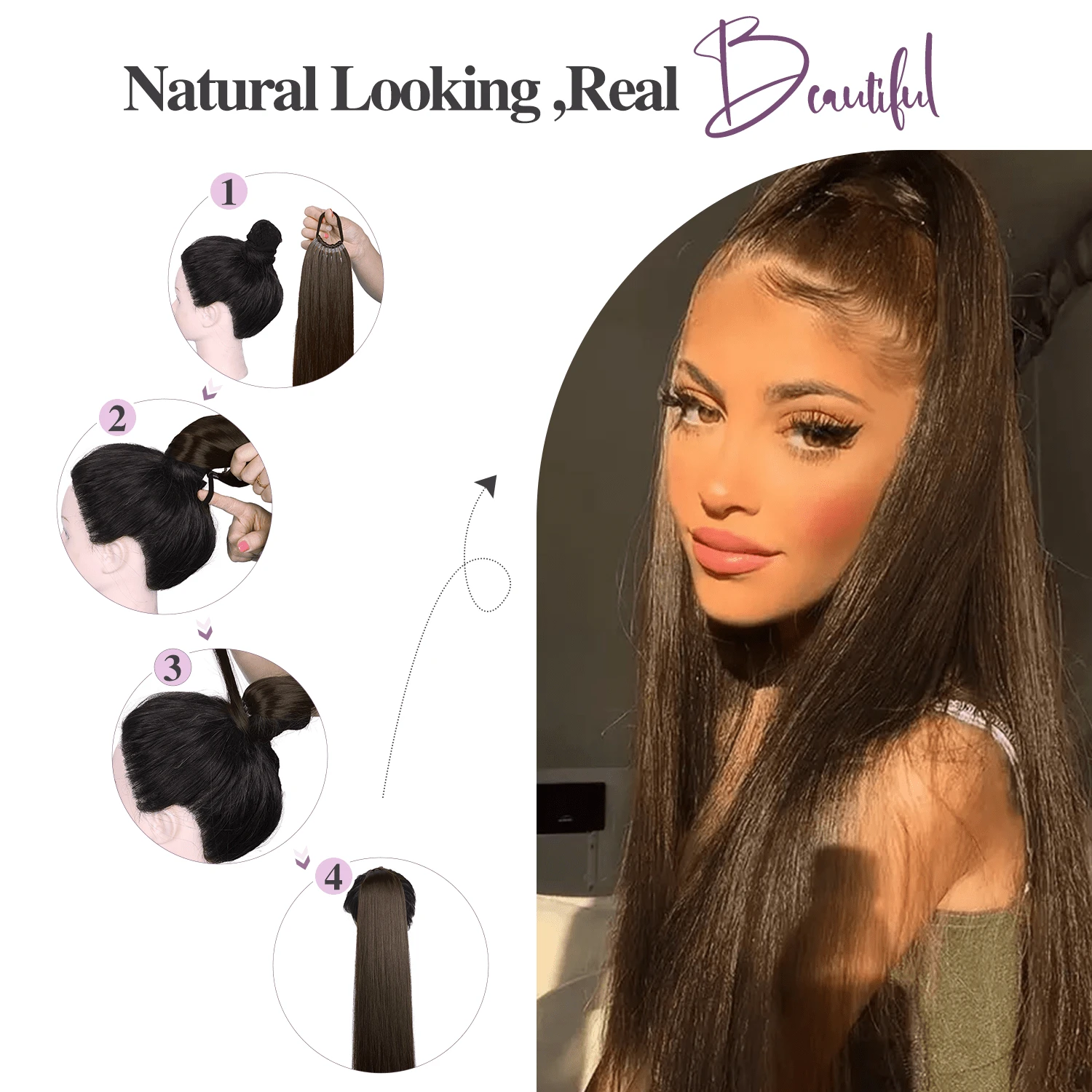 24 Inch Long Straight Ponytail Extensions With Elastic Band Heat