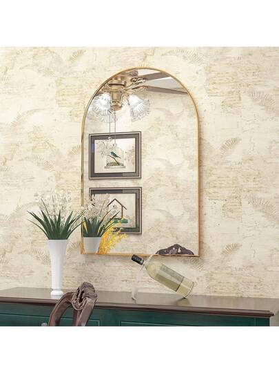 CASSIL Curved Wand Mirror, 50 75 Cm Zwart Bathroom Large Make Up Spiegel Metal Frame, Entrance, Fireplace Bedroom (Black, Gold) view 4