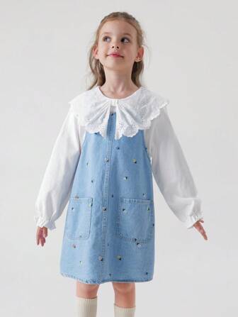 MARC&JANIE 1件少女甜美有趣的刺繡牛仔連身裙，蓬蓬裙，春季款