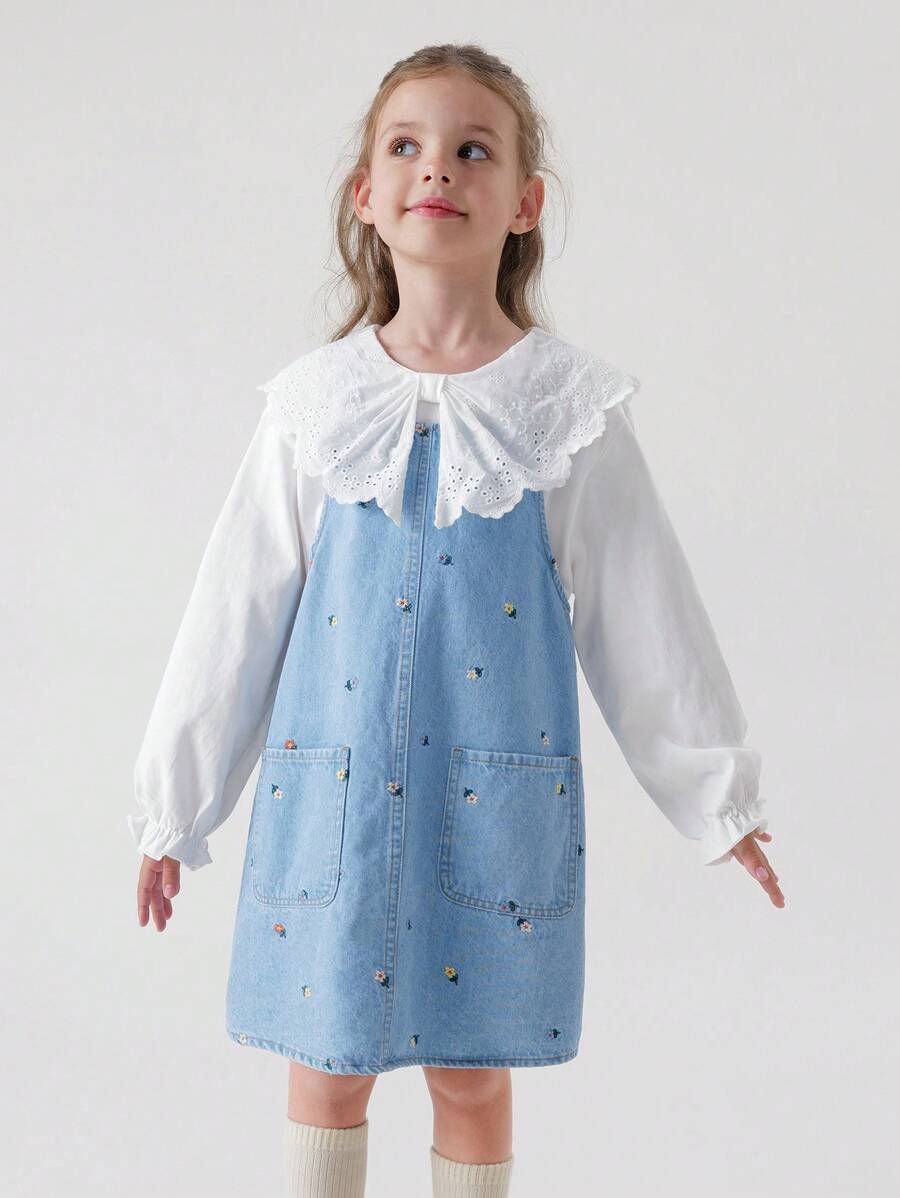 MARC&JANIE 1件少女甜美有趣的刺繡牛仔連身裙，蓬蓬裙，春季款