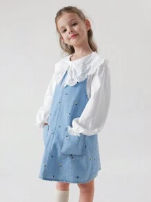 MARC&JANIE 1件少女甜美有趣的刺繡牛仔連身裙，蓬蓬裙，春季款