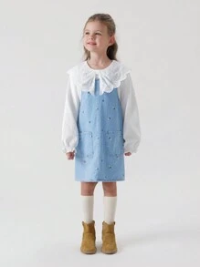 MARC&JANIE 1件少女甜美有趣的刺繡牛仔連身裙，蓬蓬裙，春季款