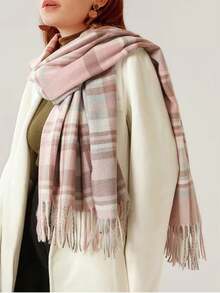 Kẻ sọc Retro Khăn quàng cổ , Hàn Quốc 2023 Mới Phong cách Anh quốc Vá lại Kẻ sọc Khăn quàng cổ Đối với phụ nữ & Nam , Dày Mùa Đông Cái cổ Ấm áp hơn - Bụi hồng - Xem 3