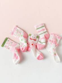 5pairs/Pack Girls' Pink Socks, Cartoon Rabbit Printed Strawberry Pattern Mesh Style Thin Socks For Spring And Summer, With Double Layer Ruffle And 3D Floral Edge. Perfect Match For Sports Shoes And Leather Shoes. Gorgeous, Graceful, Rural, Bohemian And Sweet Princess Styles. Suitable For Girls From Preschool And Primary School. - Multicolor - View 4