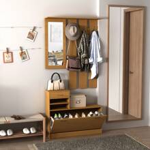 HOMCOM Mobile Guardaroba Scarpiera Regolabile e Specchio con Appendiabiti 6 Ganci per Ingresso e Camera da Letto 90x10x91cm Legno - Bronzo - Visualizzare 2