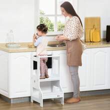 HOMCOM 2 In 1 Kids Kitchen Step Stool With Rail Toddler Steps With Chalkboard For Kitchen Bathroom, White - White - View 2