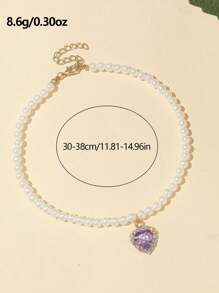 1入組珍珠寵物配件項鍊適用於小和中等寵物,可調節心形PU皮革翻領 - 紫色 - 查看 2