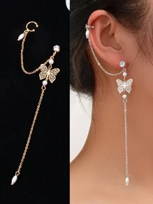 1對優雅長款金銀鏈子軟骨蝴蝶耳環,適合女士參加派對與舞會等場合 - 耳掛 - 查看 1