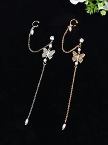 1對優雅長款金銀鏈子軟骨蝴蝶耳環,適合女士參加派對與舞會等場合 - 耳掛 - 查看 8