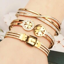 3 件套镀金珠宝礼物全水钻镶嵌腰带罗马风格 18K 金不锈钢手链女士