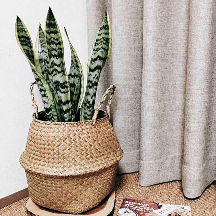 1 pieza Maceta portátil grande hecha a mano de ratán trenzado, canasta de flores de paja vintage, soporte para plantas de jardín, cesta de almacenamiento plegable, decoración del hogar interior/exterior, talla XL