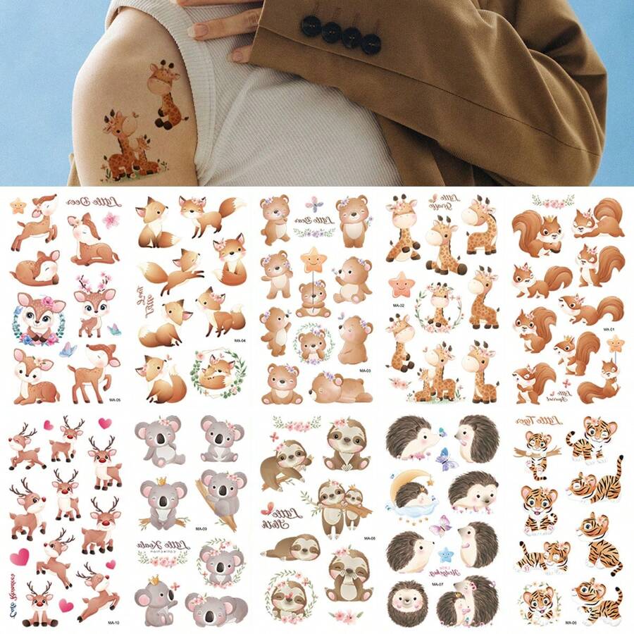 10張（106個設計）可愛的卡通狐狸、長頸鹿、松鼠、刺猬、老虎圖案暫時性紋身貼紙 - 彩色 - 查看 1