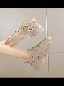 1 Par De Zapatos Elegantes Beige Gruesos Y Con Suela Gruesa Y Diseño De Costura De Coche Para Ropa Deportiva Casual Femenina