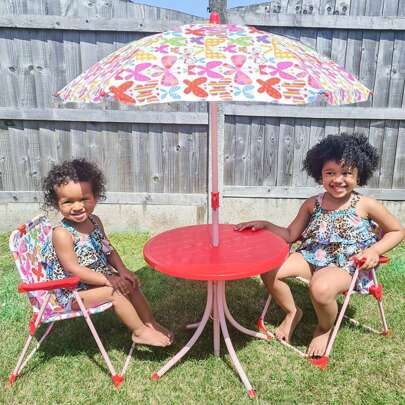 Outsunny Kids Outdoor Bistro Table And Chair Set Butterfly Pattern Garden Patio Backyard With Removable & Height Adjustable Parasol