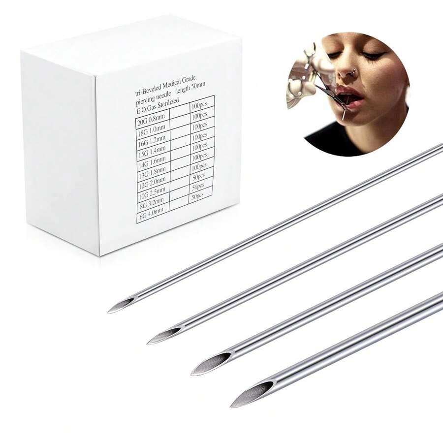CIZME 100pcs Mixed Body Piercing Needles, 12G 14G 16G 18G 20G Stainless Steel Sterile Disposable Ear Nose Navel Lip Piercing Needles - Silver - View 1