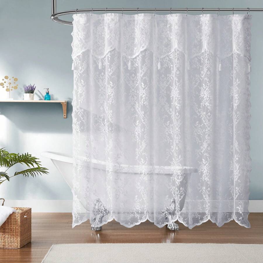 WARM HOME DESIGNS White Lace Shower Curtain With Attached Valance And Tassels. Luxury Vintage Shower Curtain In 5 Sizes And 6 Colors. - 白色 - 查看 1