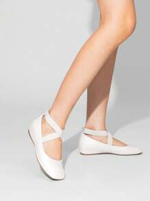 Women's Flats Square Toe Slip-On Ballet Flats Comfortable Dress Elastic Ankle Straps Flats Shoes - 白色/PU - 查看 4