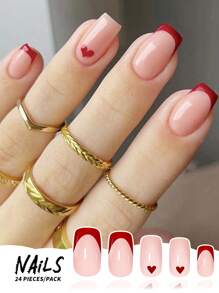 Renueva tu apariencia con 24 piezas de uñas acrílicas en forma cuadrada y mediana de moda en rojo para el Día de San Valentín, con diseño de corazones franceses, acabado brillante y brillante, incluye pegamento jelly y lima de uñas. Adecuado para fiestas, bailes y uso diario de suministros para uñas de presión. uñas falsas uña falsa uña acrílica