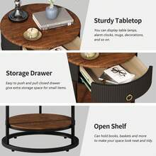 Round End Table With Drawer, Modern Side Table With Shelf, 2-Tier Nightstand With Drawer For Living Room, Bedroom, Dorm, Office - 棕色 - 查看 4