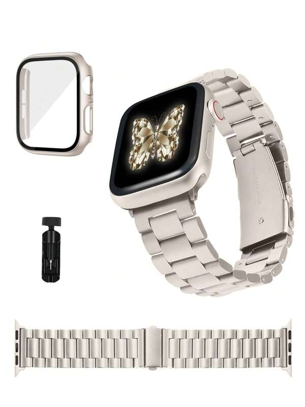 St.siabe St.Siabe 3-In-1 Includes A Wristband, Case, And Film Women's And Men's I Fashion, Sports, Soft, ComFortable, And Breathable Three Metal Stainless Steel Business Watches With Bring Tempered Film Protective Case Compatible With Apple Watchband Case 38mm 40mm 41mm 45mm 44mm 42mm 49mm Belt, Casual Versatile Wrist Strap, Bracelet, Wrist Party Festival Gift, With Apple Watch Ultra Series 9/8/7/6/5/SE/4/3/2/1 Correa Accessory Replacement Strap Accessories Comes With Detachment Strap Tools As A Gift For Students Returning To School