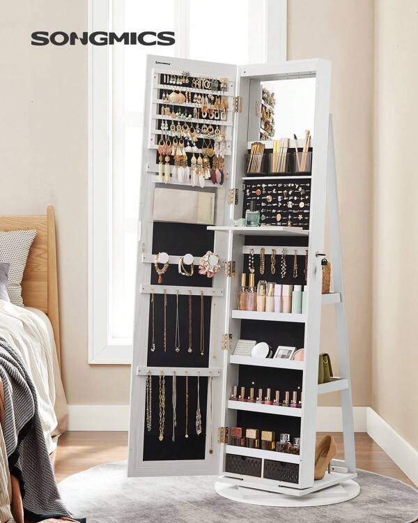 SONGMICS Schmuckschrank, Spiegelschrank, mit rahmenlosem Ganzkörperspiegel, 3 Ablagen, 360° drehbar, abschließbar