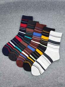 5 双/套男士条纹休闲/正装中筒袜，商务袜，秋季