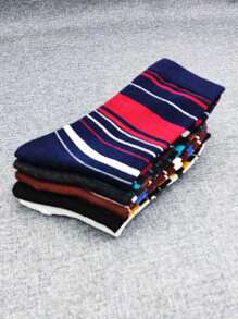 5 双/套男士条纹休闲/正装中筒袜，商务袜，秋季