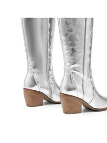 Knee High Boots Women, Pull On Zipper Chunky Heel Pointed Toe Embroidered Western Cowgirl Cowboy Boots Christmas Fall - 銀色 - 查看 7