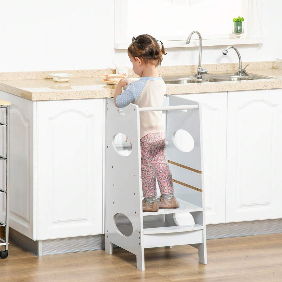 HOMCOM Toddler Step Stool Kids Adjustable Standing Tower With Rail For Kitchen Counter - Gris - View 1