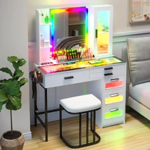 HNEBC RGB Vanity Desk, Makeup Vanity With Dazzling Lights And Mirror, Glass Top Makeup Desk With USB/Type-C/Wireless Charging, Dressing Table Set With Stool/6 Drawers, Vanity Gifts For Girls/Women - 白色 - 查看 8