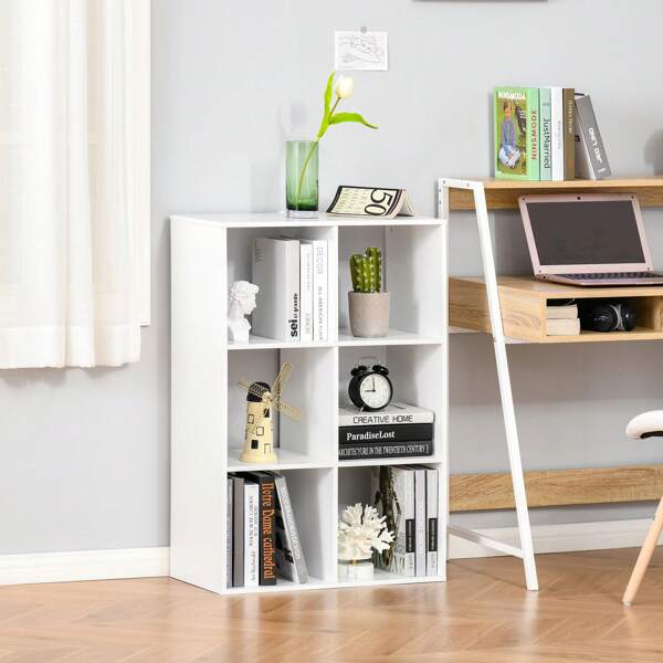 HOMCOM Libreria Bianca per Casa e Ufficio, Scaffale dal Design Moderno con 6 Scomparti in Legno, 91.5x29.5x61.5cm