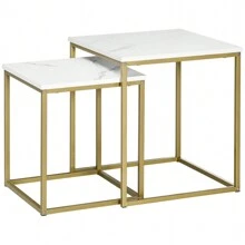 Tavolino da Salotto Set 2 Pezzi Impilabile con Piano Effetto Marmo in Truciolato e Struttura in Acciaio, 45x45x50 cm e 37x37x43 cm, Bianco e Oro - Bianco - Visualizzare 4