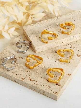 1 Pieza Anillo De Acero Inoxidable Elegante Con Elementos Líquidos, Chapado En Oro De 18k, No Es Fácil De Desvanecer, Diseño Abierto Unisex En Estilo Hip-hop