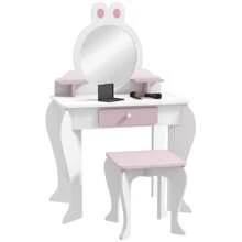 ZONEKIZ Kids Dressing Table With Mirror And Stool , Kids Vanity Table Girls Dressing Table With Drawer, Storage Shelf, Rabbit Design, For Ages 3-6 Years - White And Pink - White - View 2