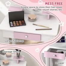 ZONEKIZ Kids Dressing Table With Mirror And Stool , Kids Vanity Table Girls Dressing Table With Drawer, Storage Shelf, Rabbit Design, For Ages 3-6 Years - White And Pink - White - View 7